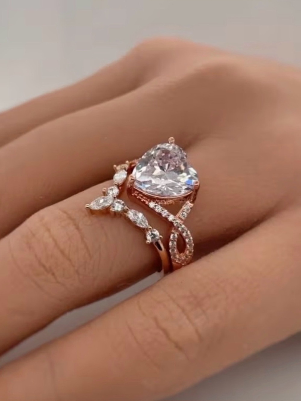 Rose Gold Heart-Cut Crystal Statement Ring.